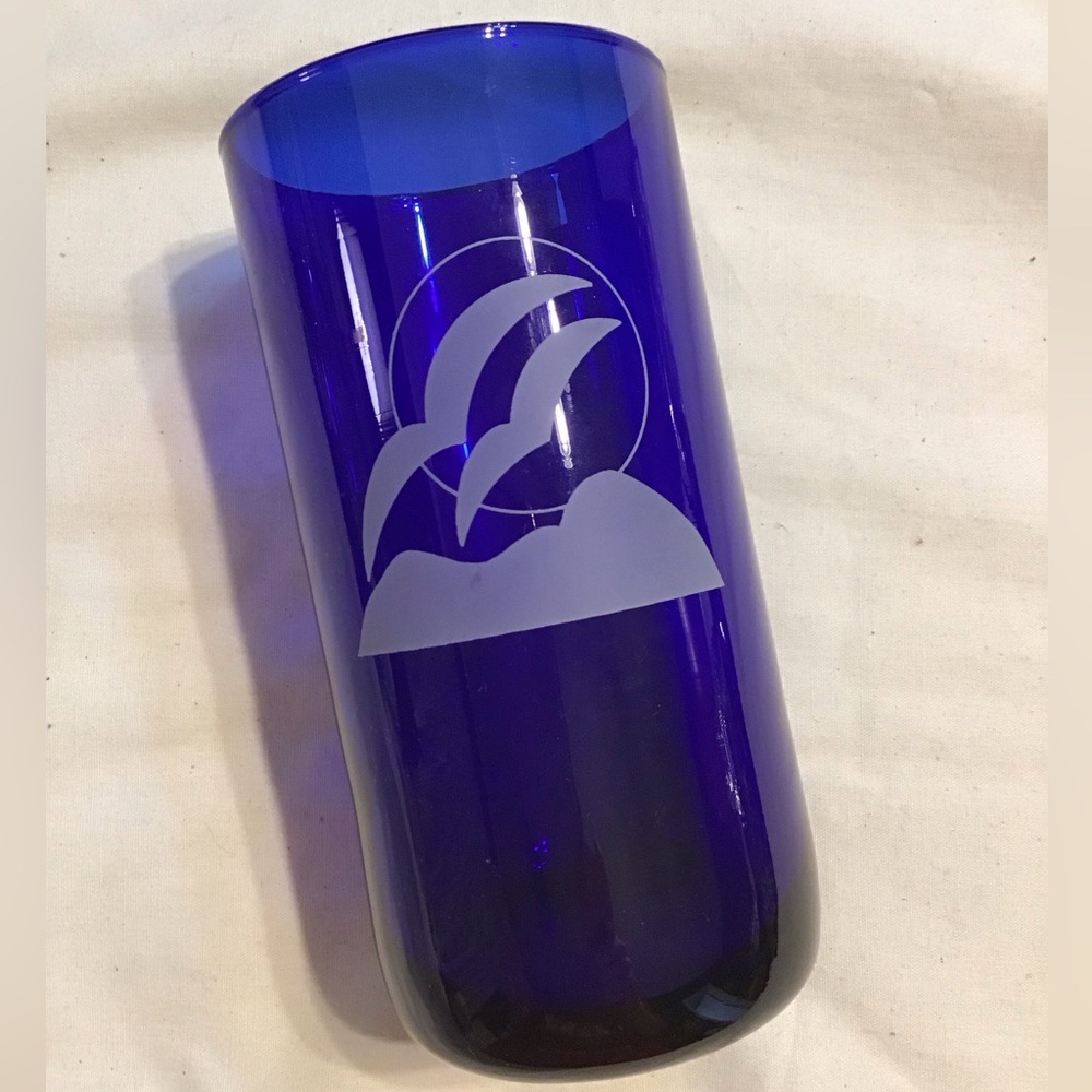Vintage Blue Glass Tumbler with Etched Design